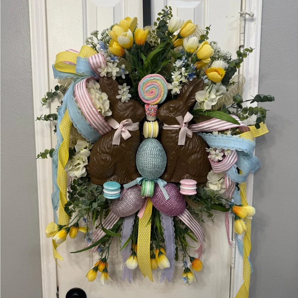 Spring Easter Wreath with Chocolate Bunnies